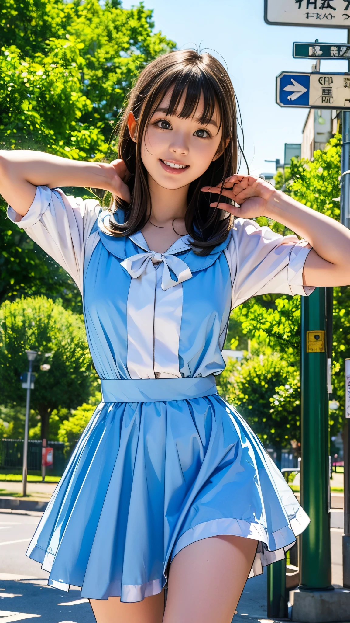 13 year old nerd girl、(Having a blast dressed up as Alice in Wonderland)、Droopy eyes:1.4、Big round eyes、Joy、Active pose、(Raise your arms and jump)、Very thin thighs、Outdoors