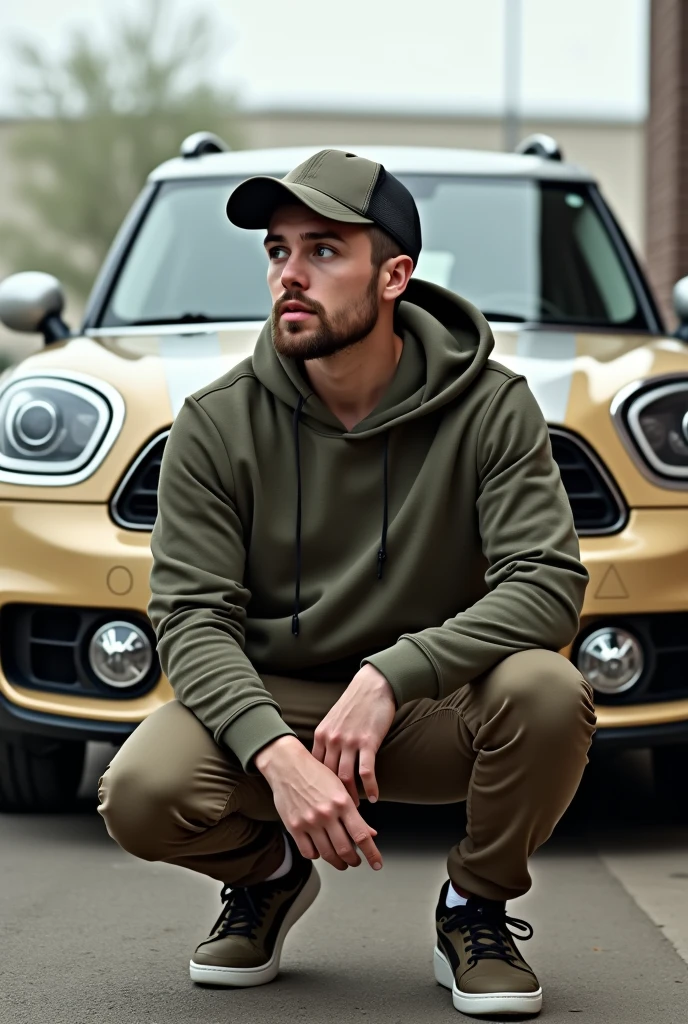 Create a picture of a young man. The man has a short dark beard and dark short hair. The man has a cap on. The man is wearing sports clothes. The man smokes.The man kneels in the Russian squat in front of a Mini Countryman car. The car Mini countryman is beige.The man looks forward.