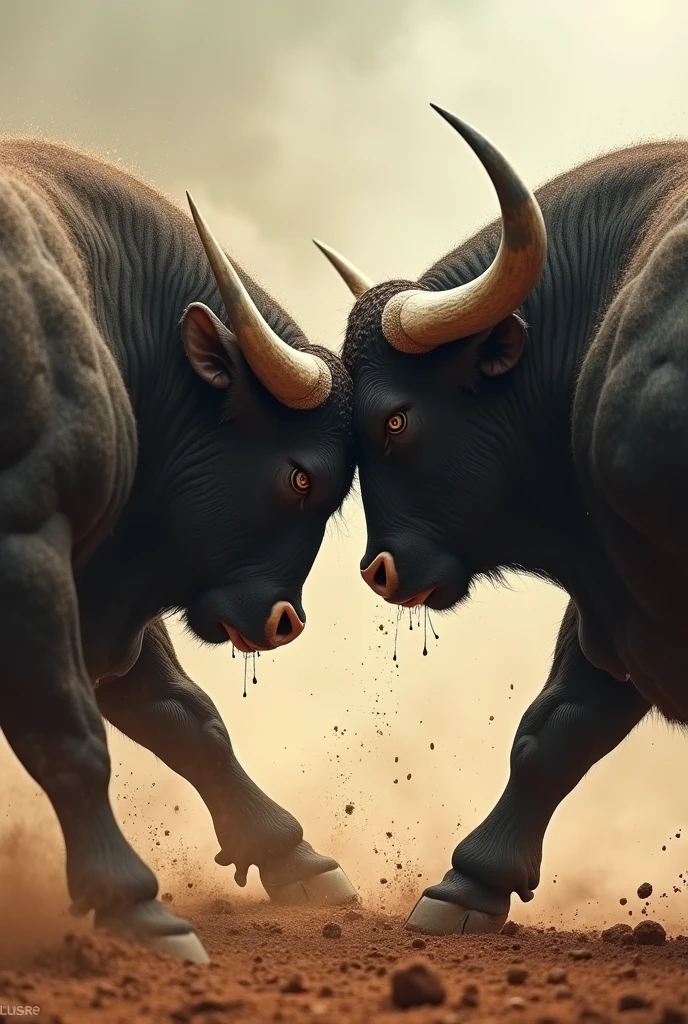 Image of two bulls fighting each other, You can see the full body of both bulls
