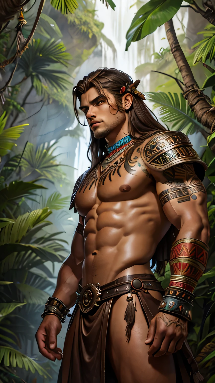 man, Aztec god, long brown hair, light brown skin, bright brown eyes, serious look, muscular, tribal tattoos, Aztec leather armor, hunter, with a bow, in a jungle.