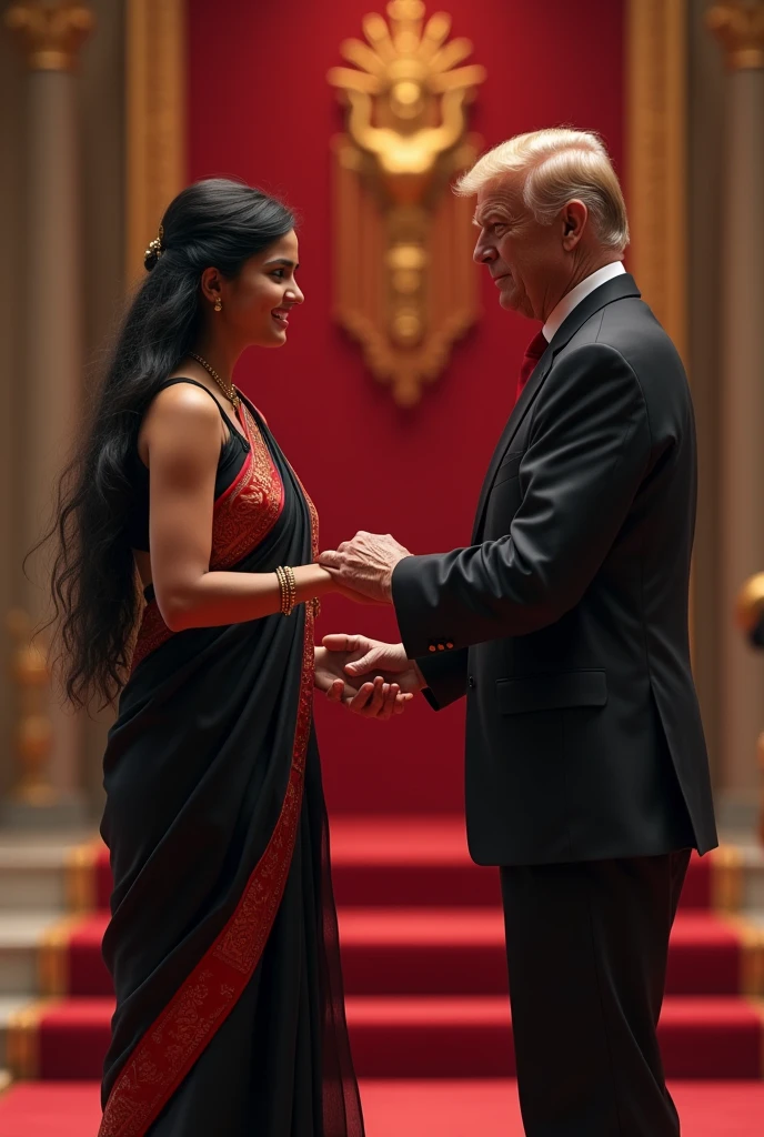 An Indian girl reciving ramanuja award in the year 2021 by the president, the is tall and having long hair with black saree with red borders of the saree