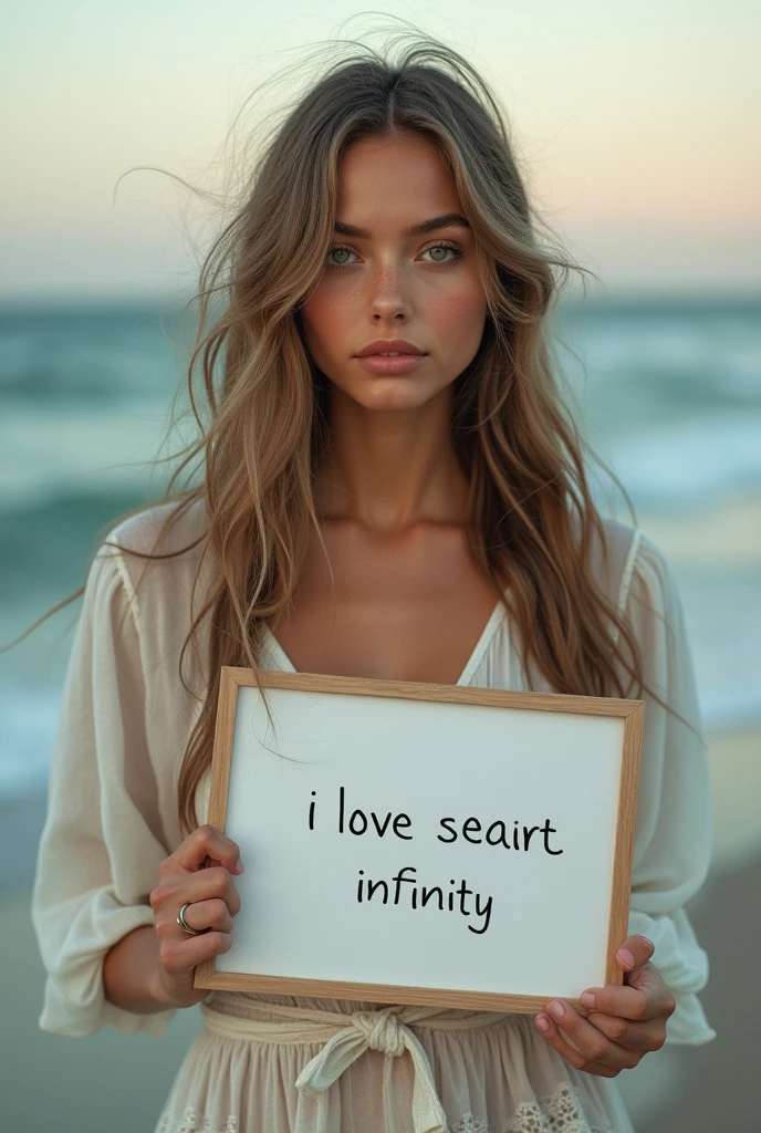 Beautiful girl with wavy long hair, bohemian dress, holding a white board with text "I Love Seaart Infinity" and showing it to the viewer