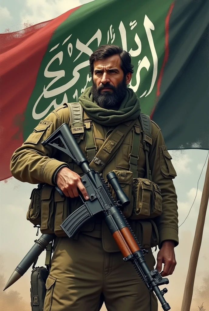Create an image like Afghanistan army with gun with beard with missile . in the background set "Islamic khalima"
name in the flag with arabic.