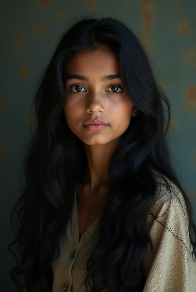 An image of black long haired, black eyed Bangladeshi native girl