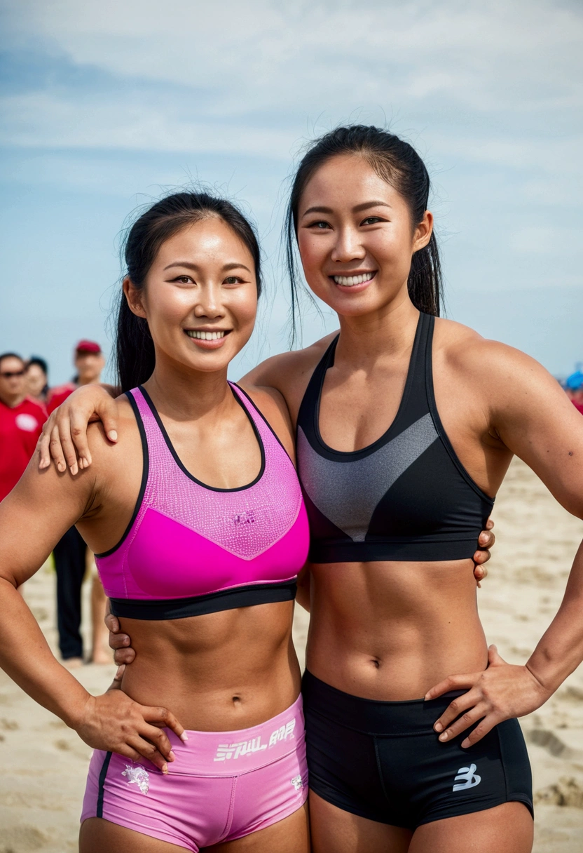 Two Beautiful athletic 30 year old asian female athletes wearing sports bras posing for photo at beach wrestling competition. Arms around each other. Smiling. Toned arms. Sweaty
