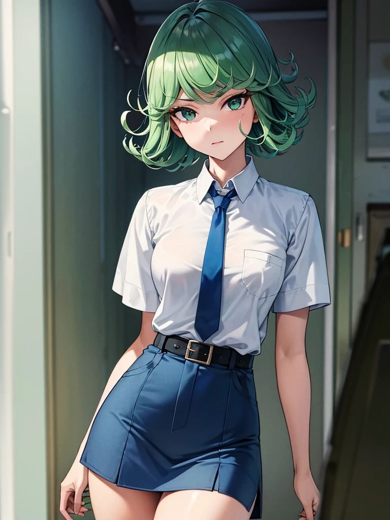 (high res, 8K, masterpiece, looking at viewer, best quality, very aesthetic, ultra detailed, ultra background, ultra Eyes) intricate details, 1girl, Tatsumaki, short sleeved white shirt, Light Blue Gray short skirt, Pockets on the left chest, Blue Gray tie, Wearing a belt, green short hair, green eyes, Normal Face, Background School Hallway, Cinematic Angle
