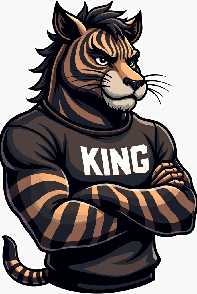 Cream a mascot logo where the mascot is dark-skinned, has short hair, zebra fur, and wears a sweatshirt and the word says KING