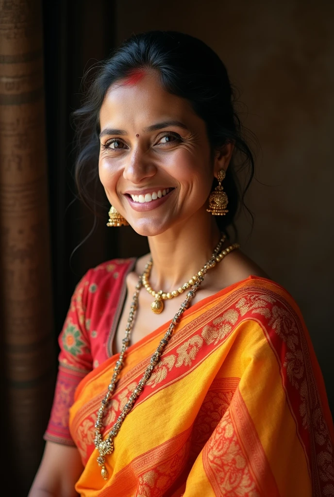 "A beautiful 43-year-old young sexy Indian mom, wearing a traditional, vibrant saree with intricate designs. She has a warm, welcoming smile and expressive eyes, radiating grace and happiness. The saree is draped elegantly, showcasing her cultural pride. The background is simple, making her the main focus, with soft lighting enhancing her natural beauty and the rich colors of her outfit."