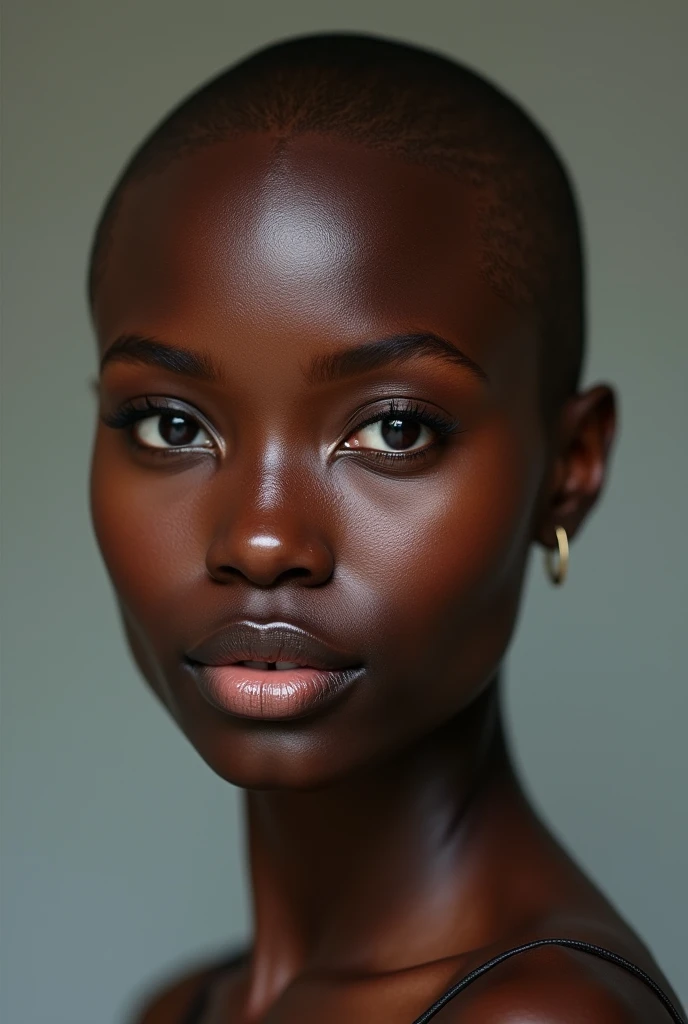 photorealism, hot bald woman, pinterest woman, 4k, ultra realistic, skin texture, pores, photorealistic, model, hyper realistic, RAW photo, photography, gorgeous, face close up, in focus, staring straight forward, black woman