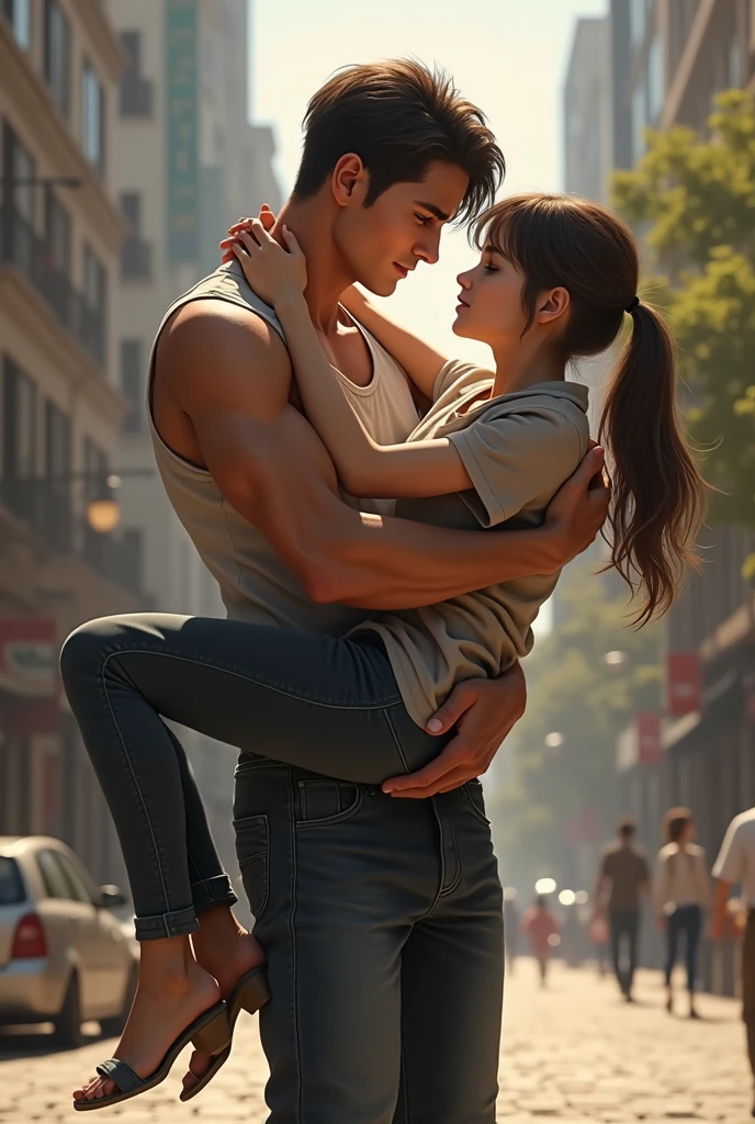 A teenager boy lifting and carrying a teenager girl in his hands realistic