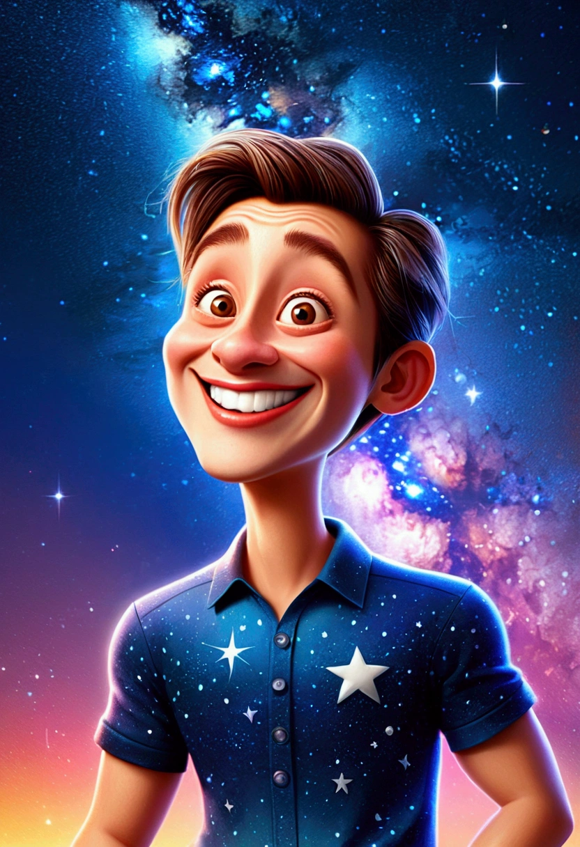 Starry Sky, caricature art style, highly exaggerated features, humorous interpretation, bold and dynamic composition, professional-grade execution, adds humor and personality, captures essence in a exaggerated playful manner, (best quality, masterpiece, photorealistic), very aesthetic, perfect composition, intricate details, ultra-detailed, vivid colors