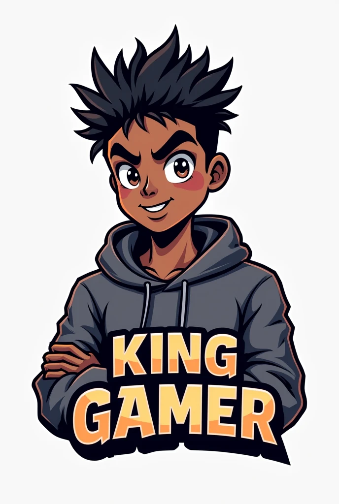 Cream a mascot logo where the mascot is dark-skinned, has short hair, zebra hair, and wears a sweatshirt and the word says KING gamer