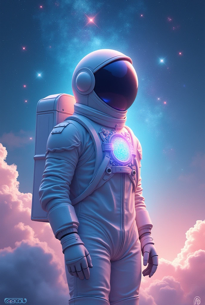 Create a poster for the release of a song CLOUDS with space stuff and an astronaut with a glowing necklace
