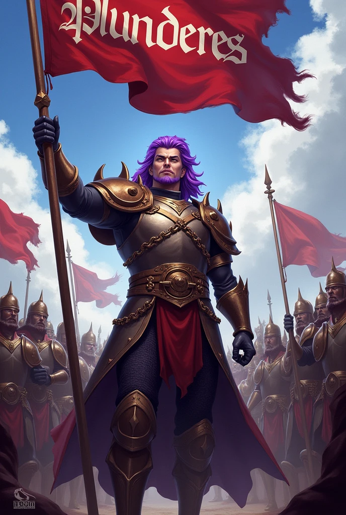 A purple haired man who leads a guild, holding a flag of his guild with the word Plunderes in his hands and behind him his army of warriors