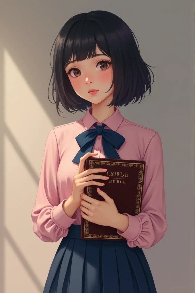 Woman in navy blue skirt, pink blouse with blue bowtie, semi-short black hair with a bible in his hand
