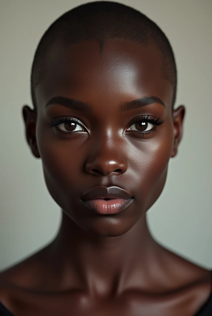 photorealism, hot bald woman, pinterest woman, 4k, ultra realistic, skin texture, pores, photorealistic, model, hyper realistic, RAW photo, photography, gorgeous, face close up, in focus, staring straight forward, black woman