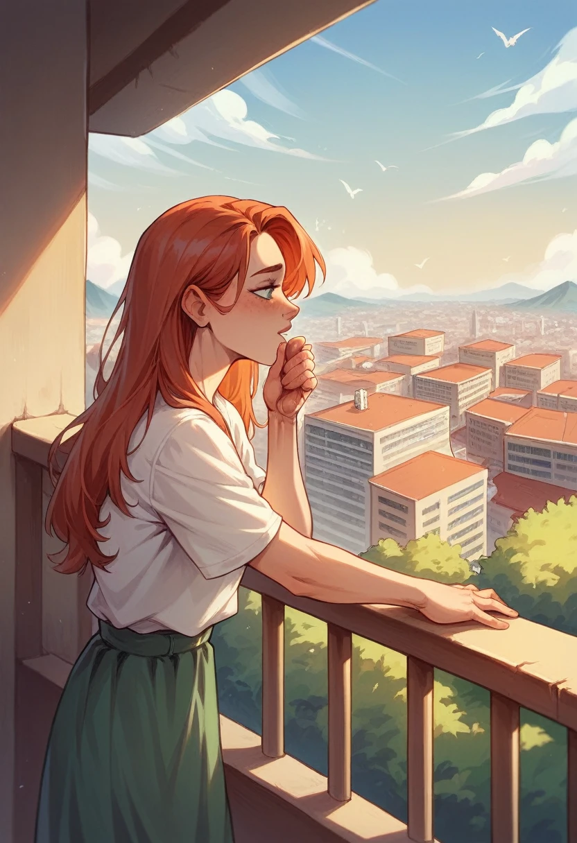 Stunning redhead leaning against a balcony railing, overlooking a city, stroking her penis, cupping her testicles