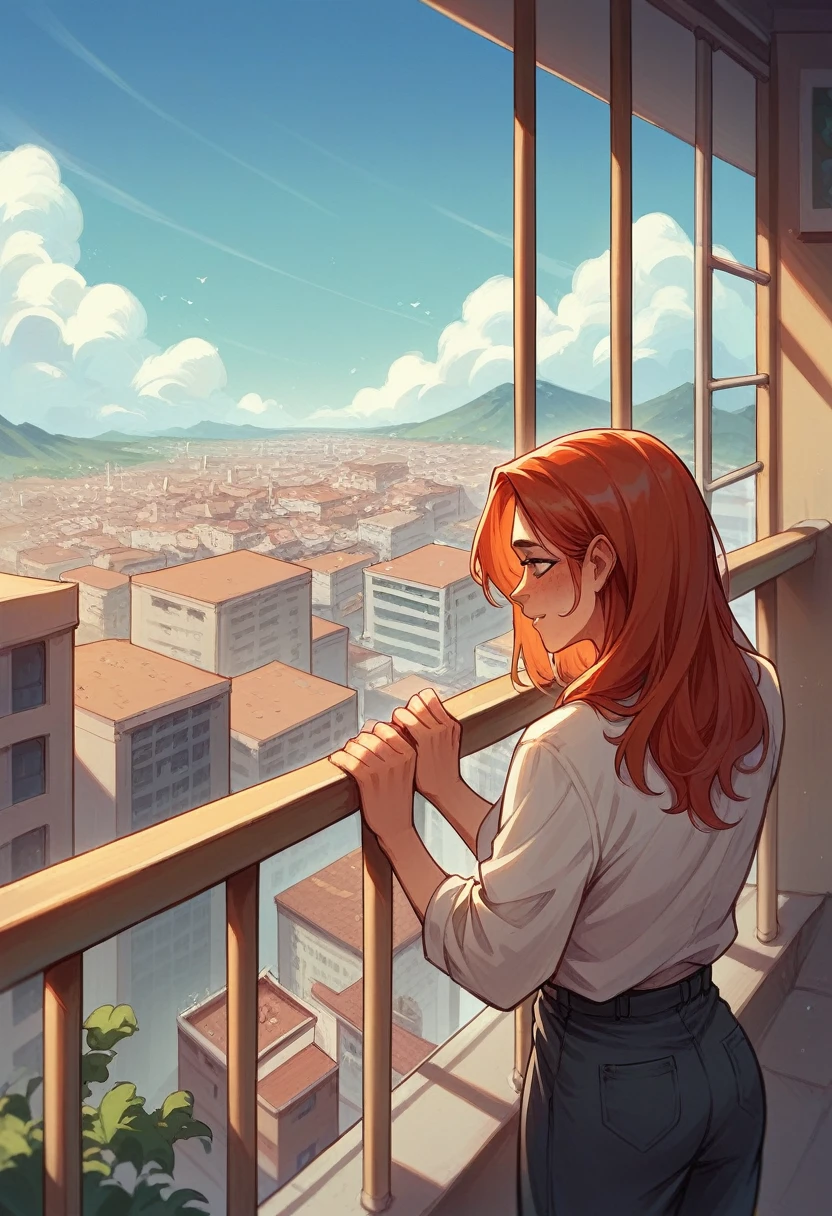 Stunning redhead leaning against a balcony railing, overlooking a city, stroking her penis, cupping her testicles