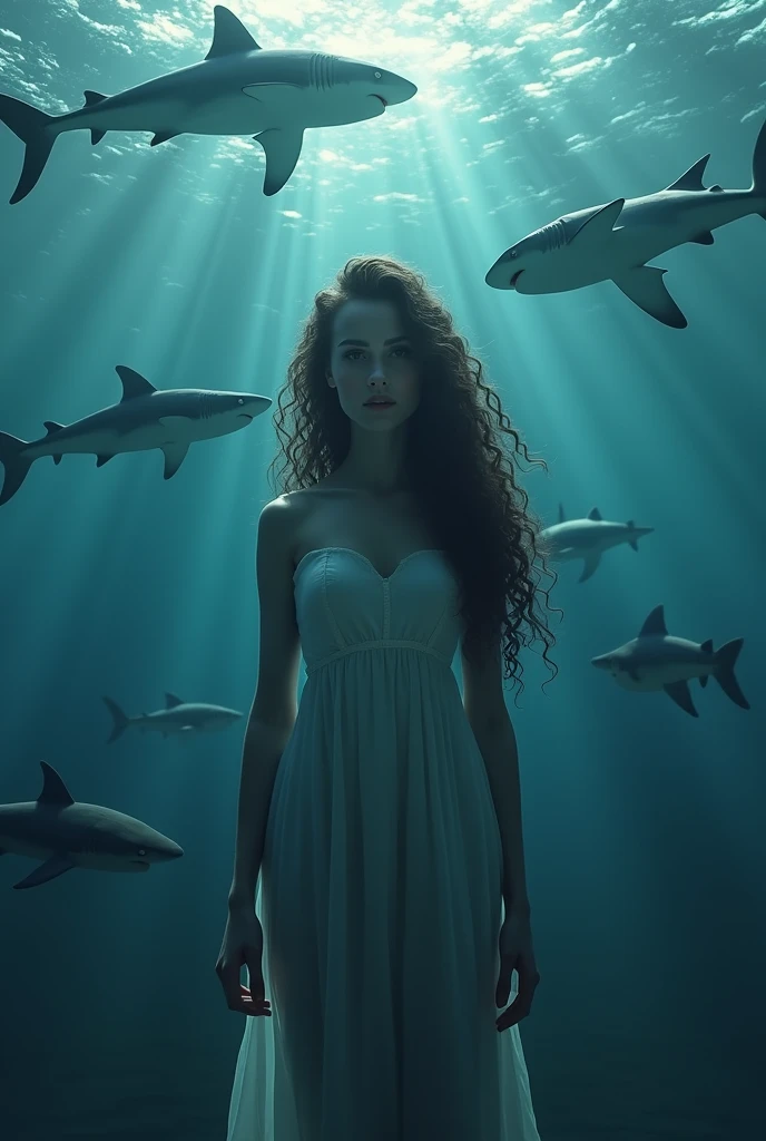 Woman with long curly hair, in the middle of the sea with several sharks