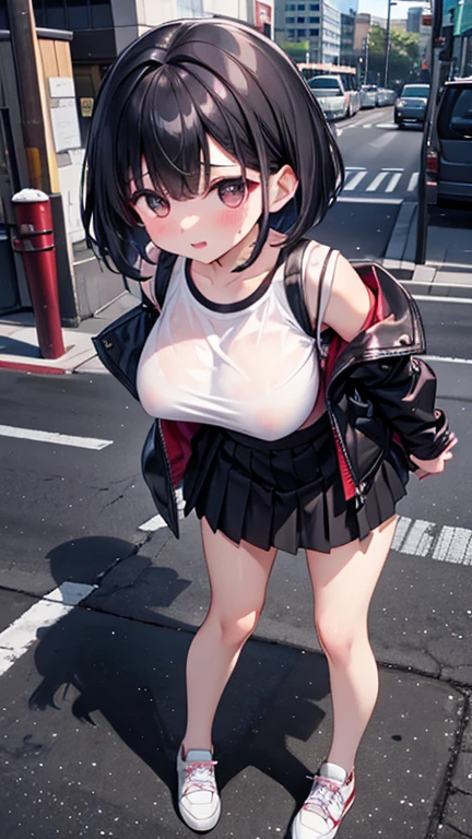 One pretty woman、Plump and sexy legs、(Full body portrait) 、(Short bob with black hair)、She looks very embarrassed and her face is flushed red.、From head to toe、Standing with legs slightly apart、Black checked skirt、A short open black leather jacket and a white T-shirt、In the middle of a busy street、Large Breasts、White lace-up sneakers、((((Lift up your skirt to show what's under it))))、((I can see the vibrator in her pussy))