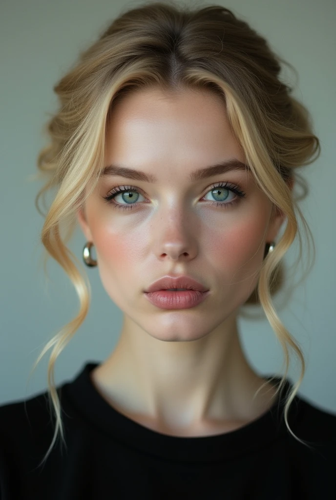 aesthetic looking woman (Age 22). blonde hair in a formal bun, snow white skin and baby blue eyes, contour on the pink cheekbones, serious expression, She wears a black top , Room, closeup 



Diferentt face
