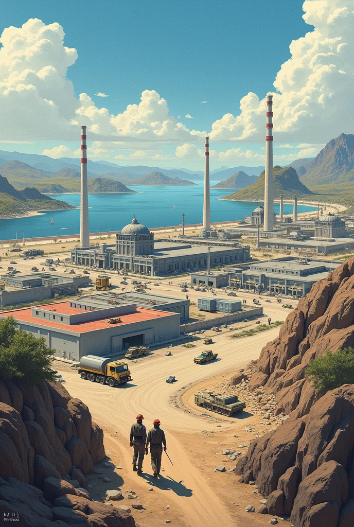 Create art in the form of national cards: military base construction, supply construction, port construction, electrical plant construction.