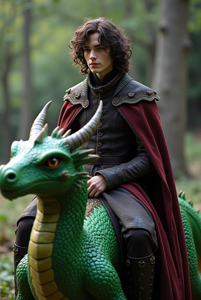 A handsome Targaryen Prince with long curly dark brown hair, he's wearing a woolen dark maroon colour prince outfit with black details, He's sitting upon a Young Green Dragon