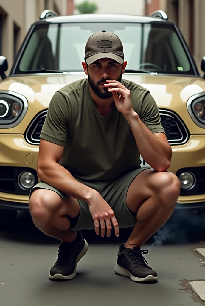 Create a picture of a young man. The man has a short dark beard and dark short hair. The man has a cap on. The man is wearing shorts. The man smokes a cigarette.The man kneels in the Russian squat in front of a Mini Countryman car. The car Mini countryman is beige.The man looks forward.
