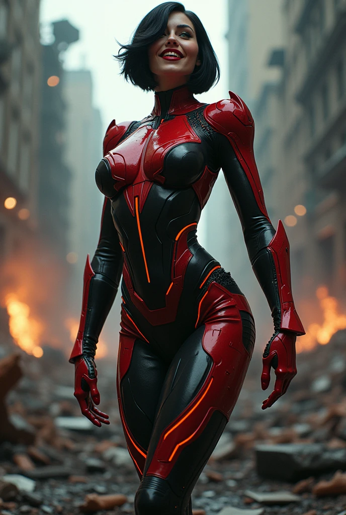 A confidant, sexy pose of a Beautiful and powerful evil supervillain woman with short black hair in a layered bob, green eyes, and red lips, a sadistic grin across her face. She is wearing a sleek skintight bright red and black high tech power armor and radiating energy. Destroying, Evil wins, destroyed city, lots of bodies of costumed heroes litter the ground.