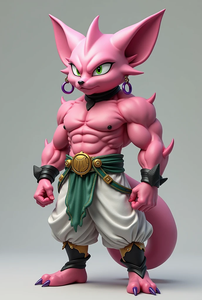 Prompt Principal: "A muscular male humanoid character with smooth pink skin, inspired by Majin Buu from Dragon Ball. The character has a triangular-shaped head with long, pointed ears and a pronounced snout, resembling a combination of a cat, fox, and wolf, but without fur. The eyes are angular and intense. The character wears a white outfit with green and gold accessories, including a belt with an 'M' symbol. Additional details include a black and gold choker and purple earrings. The character has a long, thin tail, and stands in a confident, powerful pose. The body is muscular and masculine."Prompt Negativo: "No feminine features, no human-like face, no fur, no extra protrusions on the body. Avoid any feminine body traits. The character should have a snout similar to a cat, fox, or wolf, and should appear strong and male."