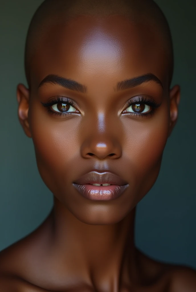 photorealism, hot bald woman, pinterest woman, 4k, ultra realistic, skin texture, pores, photorealistic, model, hyper realistic, RAW photo, photography, gorgeous, face close up, in focus, staring straight forward, light skin black woman