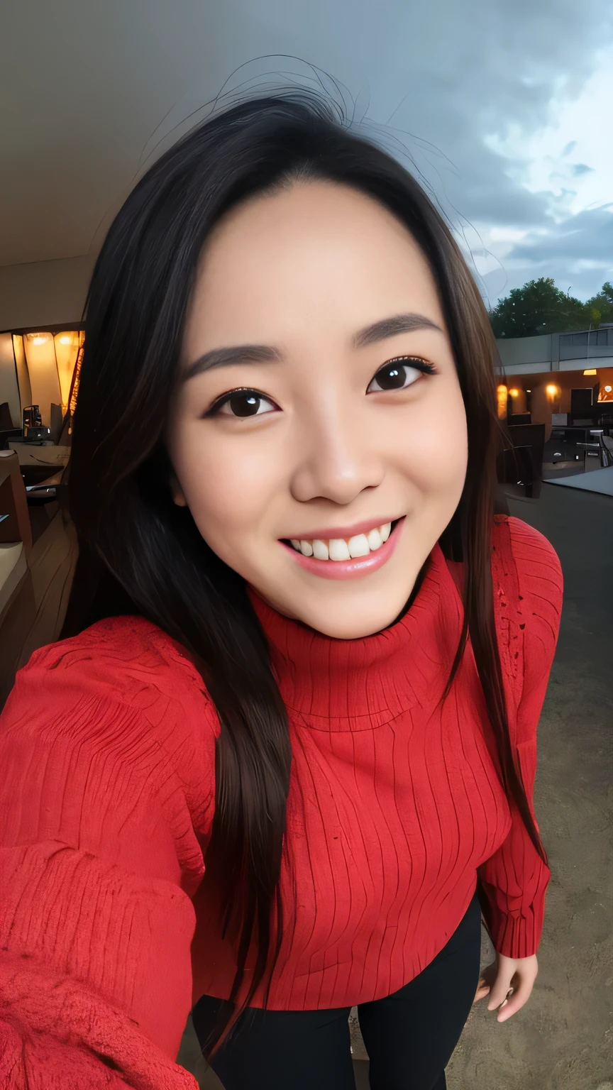 Photorealistic Realistic,masterpiece,Highest quality,High resolution,Super detailed,8k,1 Female,(perspective:1.5),compensate,View your viewers,smile,teeth,(Dark Night),Love Hotel,(白いteeth:1.2),Cowboy Shot,Summer sweater with high neck,Beautiful shiny black hair,Straight long hair,