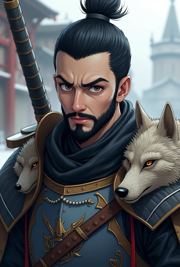 "Create an anime-style character design of a medieval soldier. The soldier is wearing armor with intricate wolf-themed details on the shoulder. On one side of the shoulder armor, there is a detailed depiction of a wolf's head. The character has a traditional samurai hairstyle, with the sides of his head shaved and a top knot (coquinho) on the crown. His hair and beard are black, with the beard being somewhat sparse. His skin is white, and his eyes are brown. The design should blend medieval armor with anime aesthetics, emphasizing the wolf details and the samurai-inspired hairstyle."