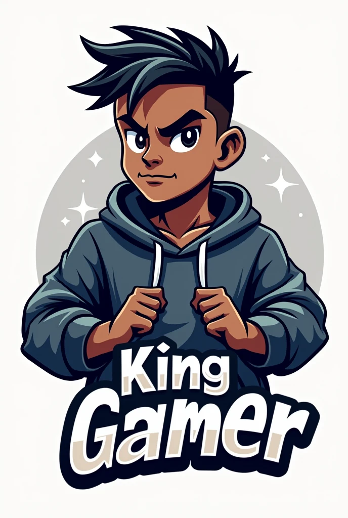 Cream a mascot logo where the mascot is dark-skinned, has short hair, zebra hair, and wears a sweatshirt and the word says KING gamer