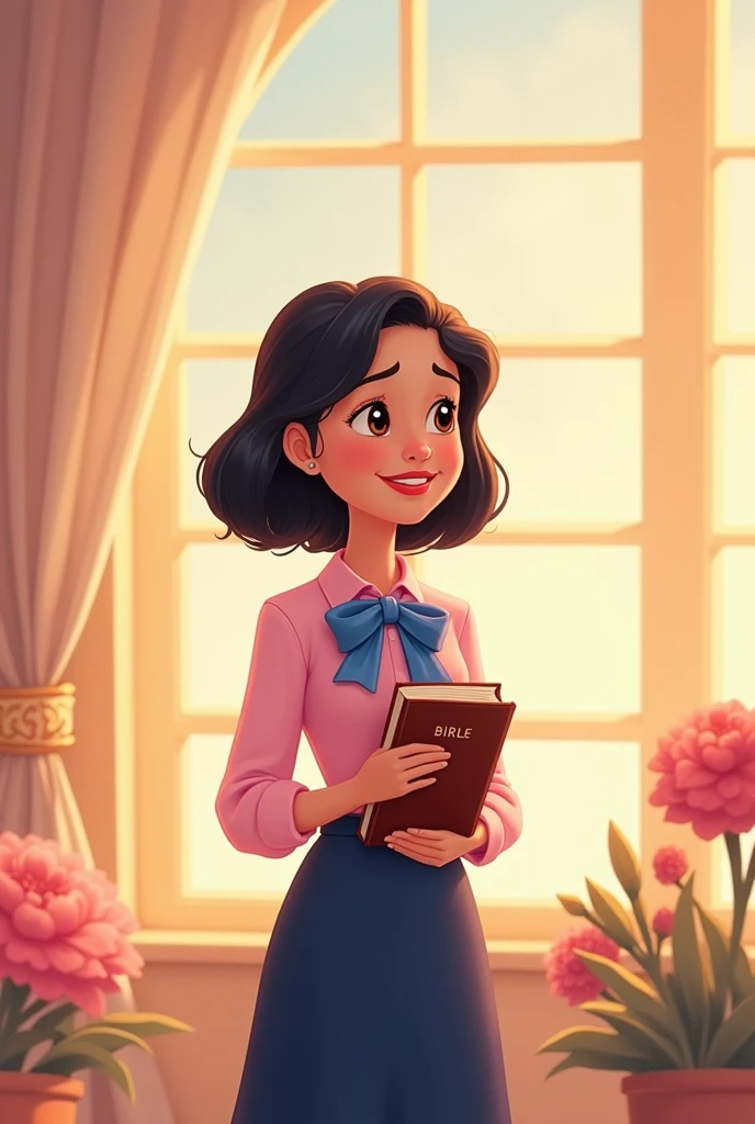 Disney cartoon image of a woman in a navy blue skirt, pink blouse with blue bowtie, semi-short black hair with a bible in his hand