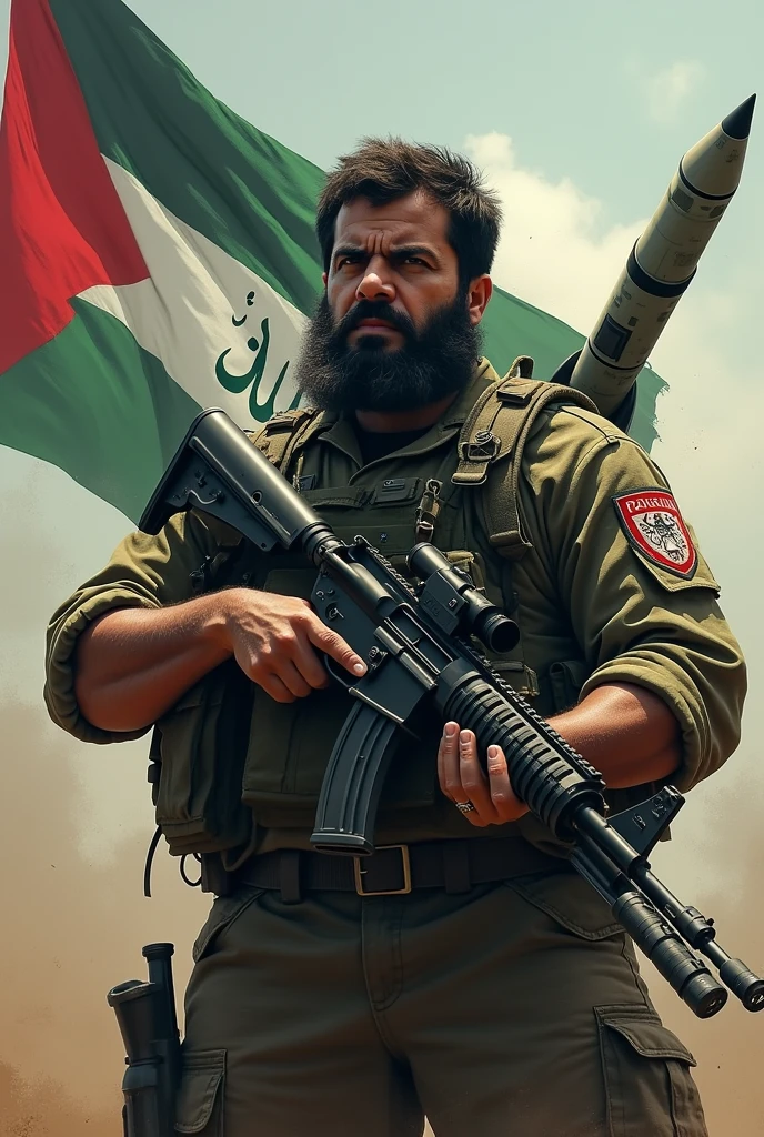 Create an image like Hamas army with gun with beard with missile .  in the background set "Islamic khalima"
name in the flag with arabic.