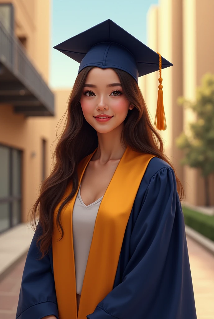 A brunette high school graduate with long straight hair
