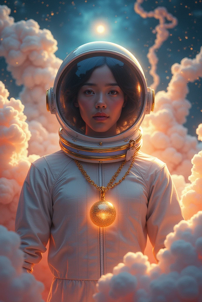 Create a poster for the release of a CLOUDS song with space stuff and an astronaut with a gold necklace with a shiny ball and clouds in the shape of curls 