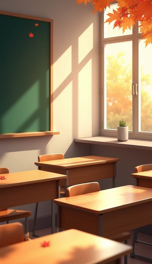 Best quality, masterpiece, ultra high resolution, Clean classroom background with wooden desks and chalkboard, world, flowing through the windows, delicate autumn decorations, such as a few red and orange leaves on the windowsill.