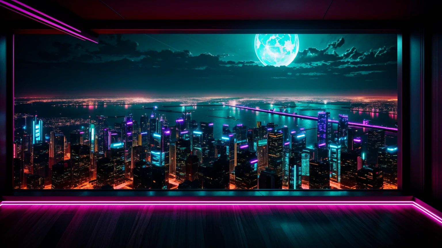 future, sci-fi, wall of a room with a window overlooking the city, cyberpunk, night, bright lights, neon.