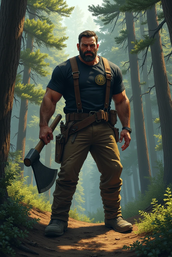 A lumberjack in the forest, realistic styling, high resolution, trees behind, with well-defined shadows ,dressed in pants and axe wearing a black shirt with the logo written Fine on the chest 
