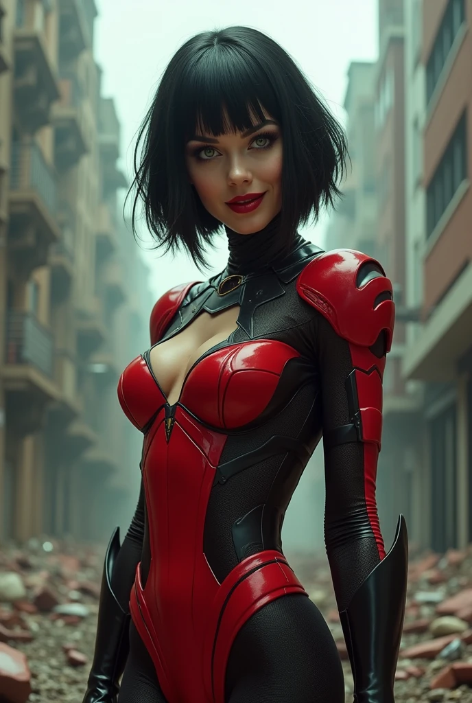 A confidant, sexy pose of a Beautiful and powerful evil supervillain woman with short black hair in a layered bob, green eyes, and red lips, a sadistic grin across her face. She is wearing a sleek skintight bright red and black high tech power armor and radiating energy. Destroying, Evil wins, destroyed city, lots of bodies of costumed heroes litter the ground.