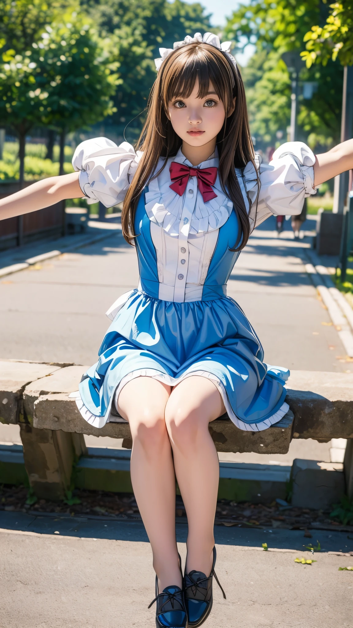 13 year old nerd girl、(Alice in Wonderland Cosplay:1.3、Very light clothing:1.3)、Droopy eyes:1.4、Big round eyes、Joy、Active pose、(Raise your arms and jump)、Very thin thighs、Outdoors
