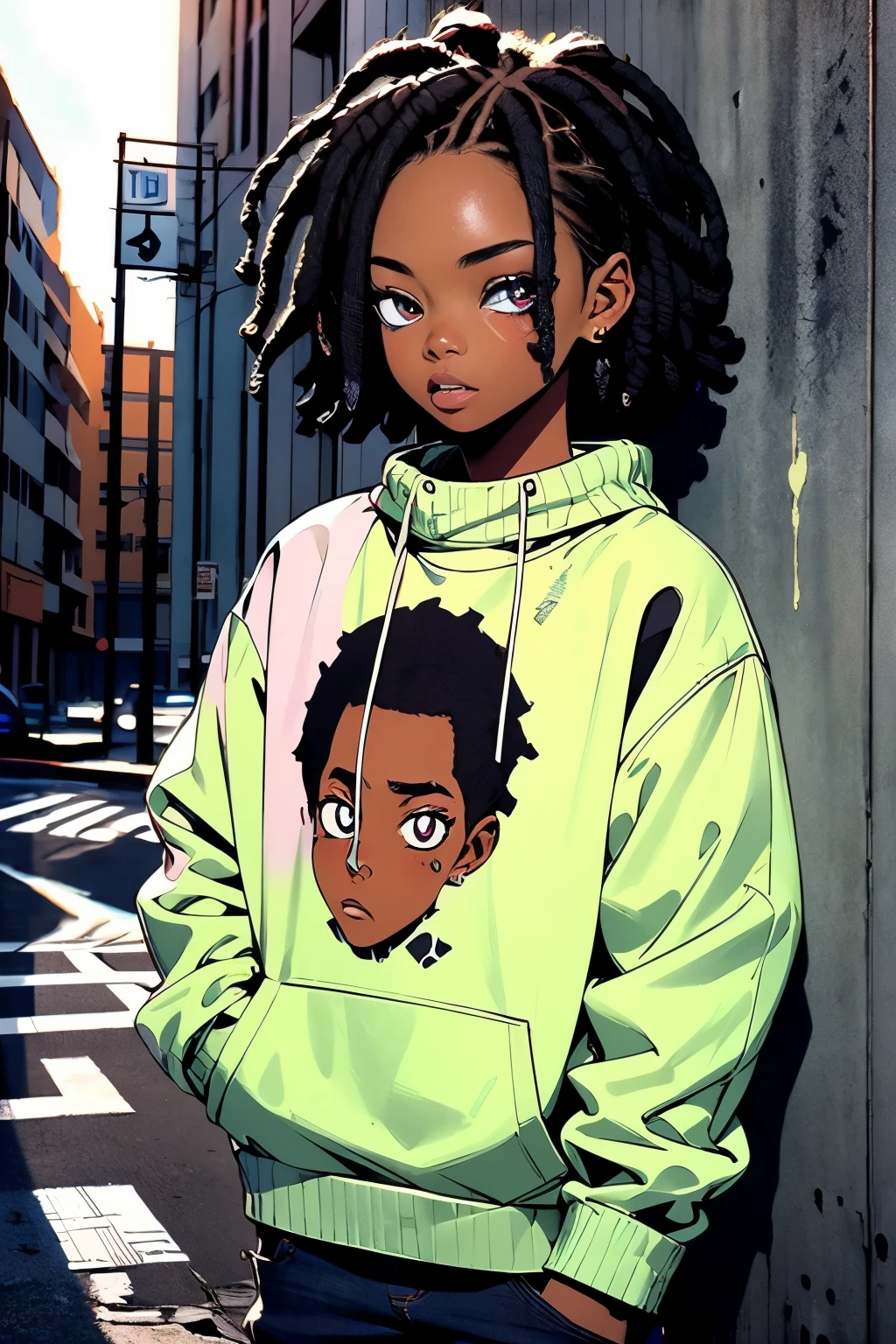 black boy, sweater, beautiful detailed eyes, stylish haircut, urban environment, swirly vibrant colors, streetart, graffit, Pose legal, natural lighting, realisitic, modern art style, high resolution, rich texture, youthful energy. (pastel colors)