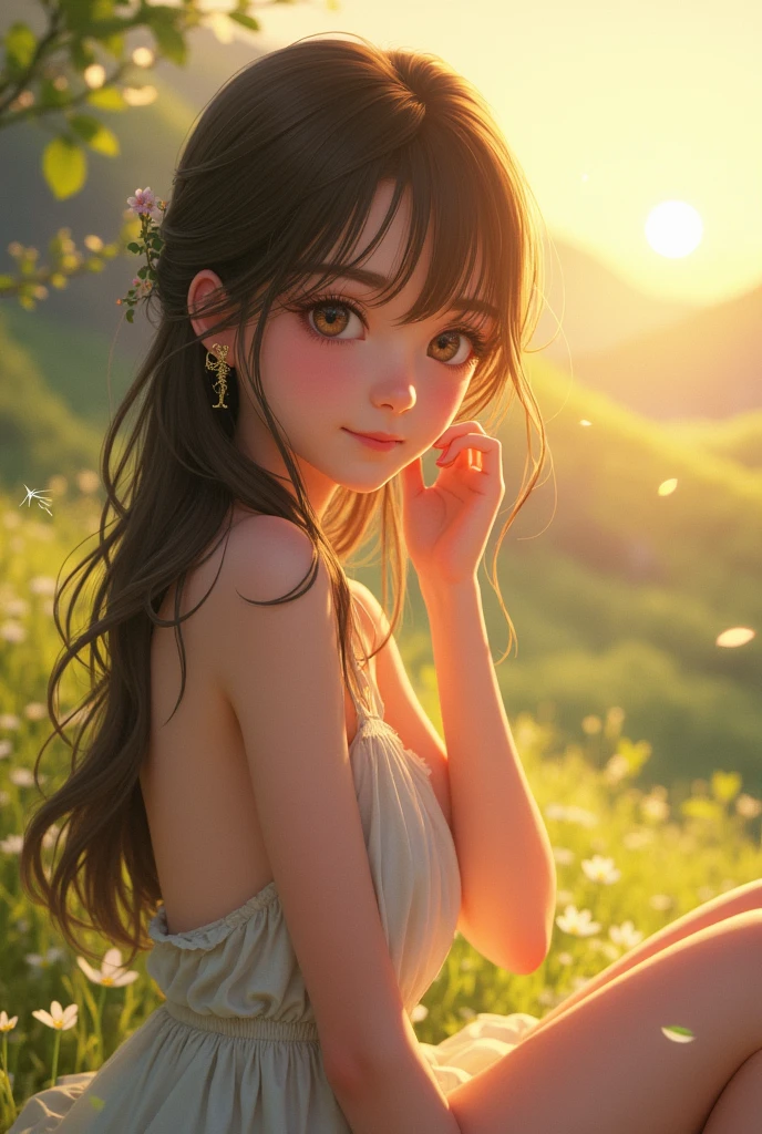 SLR、Beauty、high school student、cute、Small valley、camisole、side、smile、See-through、sun、Sitting、Hands in the hair、View here、Wind