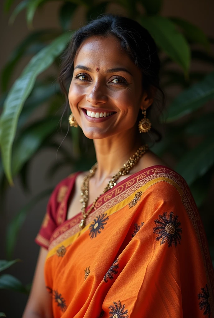 "A beautiful 43-year-old young sexy Indian mom, wearing a traditional, vibrant saree with intricate designs. She has a warm, welcoming smile and expressive eyes, radiating grace and happiness. The saree is draped elegantly, showcasing her cultural pride. The background is simple, making her the main focus, with soft lighting enhancing her natural beauty and the rich colors of her outfit."( sexy mature look)