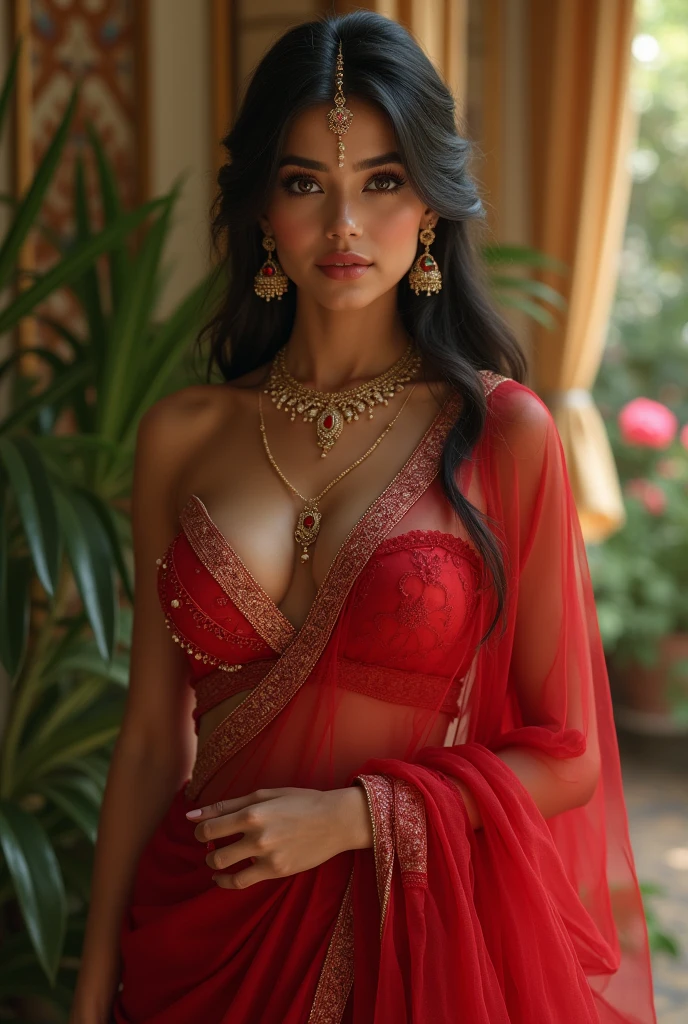 A beautiful Indian princess, dressed in red seethrough saree without blouse showing deep cleavage
