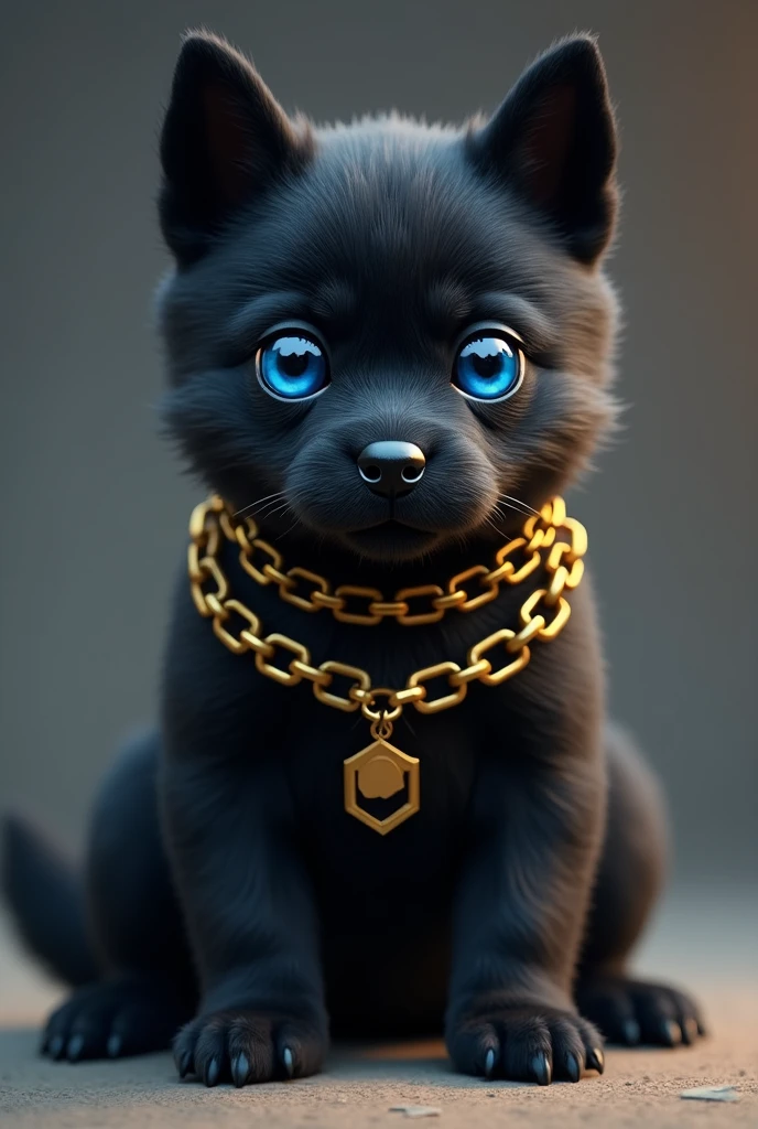 A cute dog he looks like a enemy dog blue eyes black body and he wearing a golden chain 