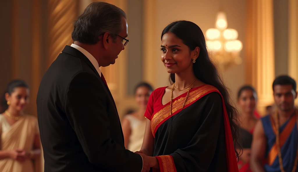 An Indian girl reciving ramanuja award in the year 2021 by the president of india, the is tall and having long hair with black saree with red borders of the saree