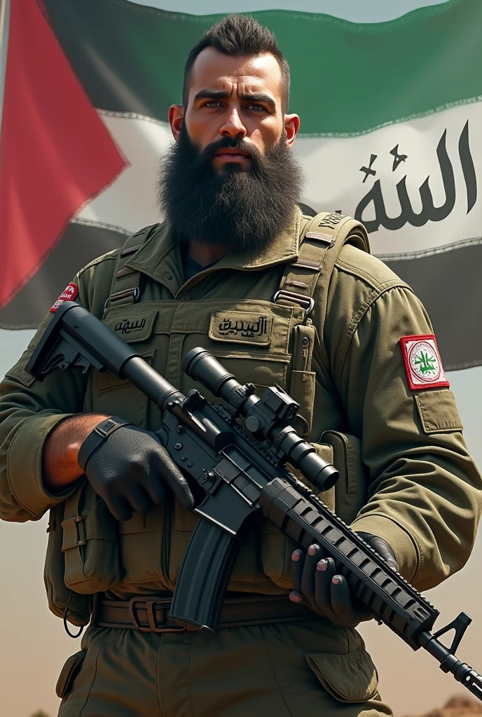 Create an image like Hamas army with gun with beard with missile . in the background set "Islamic khalima"
name in the flag with arabic.